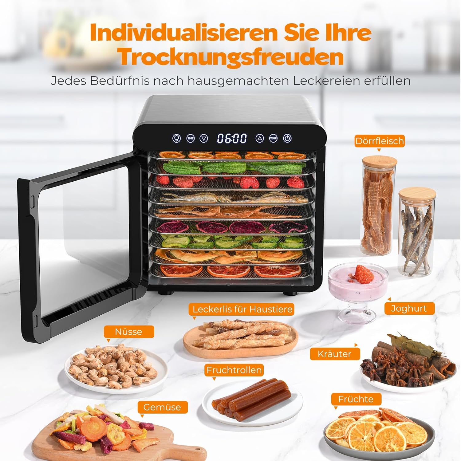 YASHE Stainless Steel Dehydrator with Digital Control (Temperature up to 75°C, Timer up to 48 Hours), 9 Trays Dehydrator for Fruit and Vegetables, Rear Fan for 360° Air Circulation, 800 W